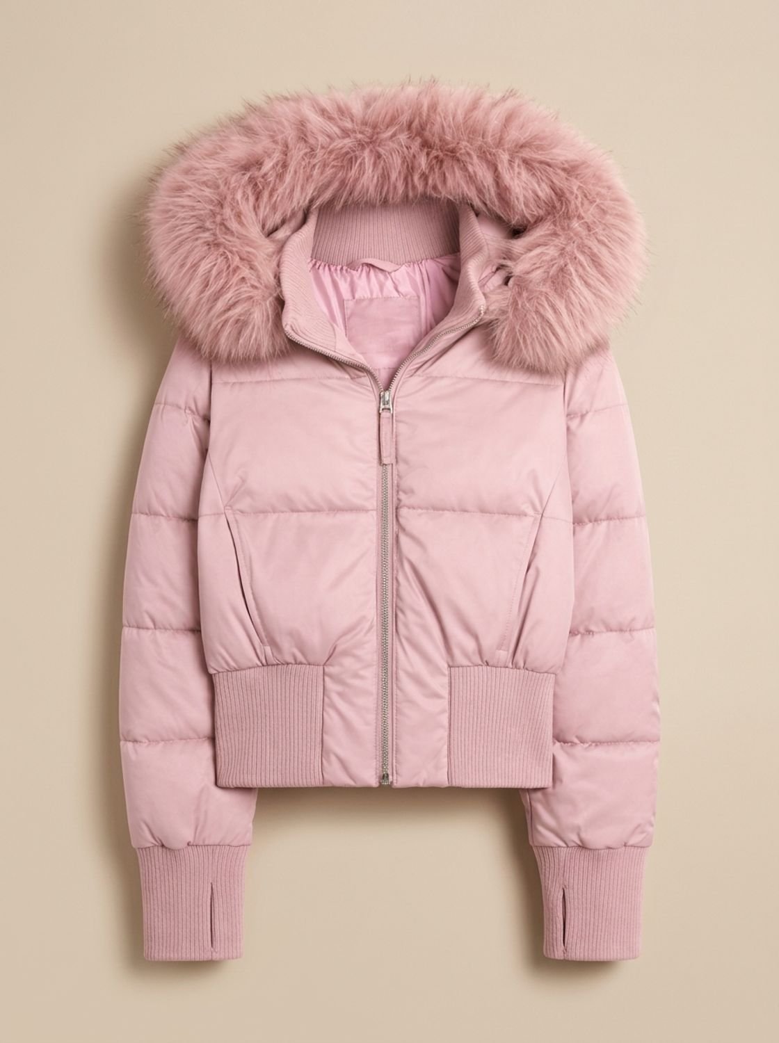Women's hooded quilted puffer jacket with long sleeves and textured hood trim