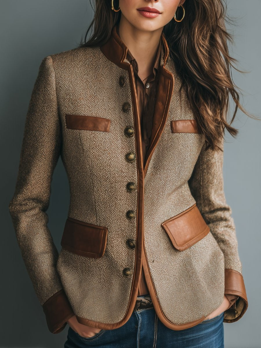 Women's brown herringbone blazer with band collar, buttons and contrasting trim