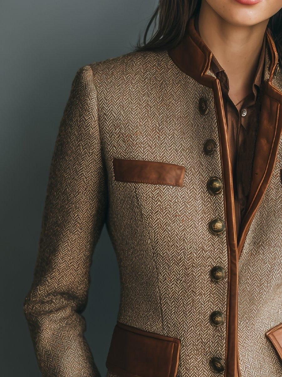 Women's brown herringbone blazer with band collar, buttons and contrasting trim