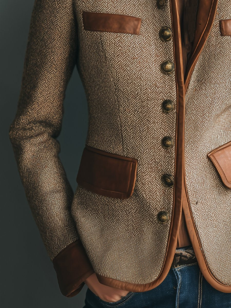 Women's brown herringbone blazer with band collar, buttons and contrasting trim