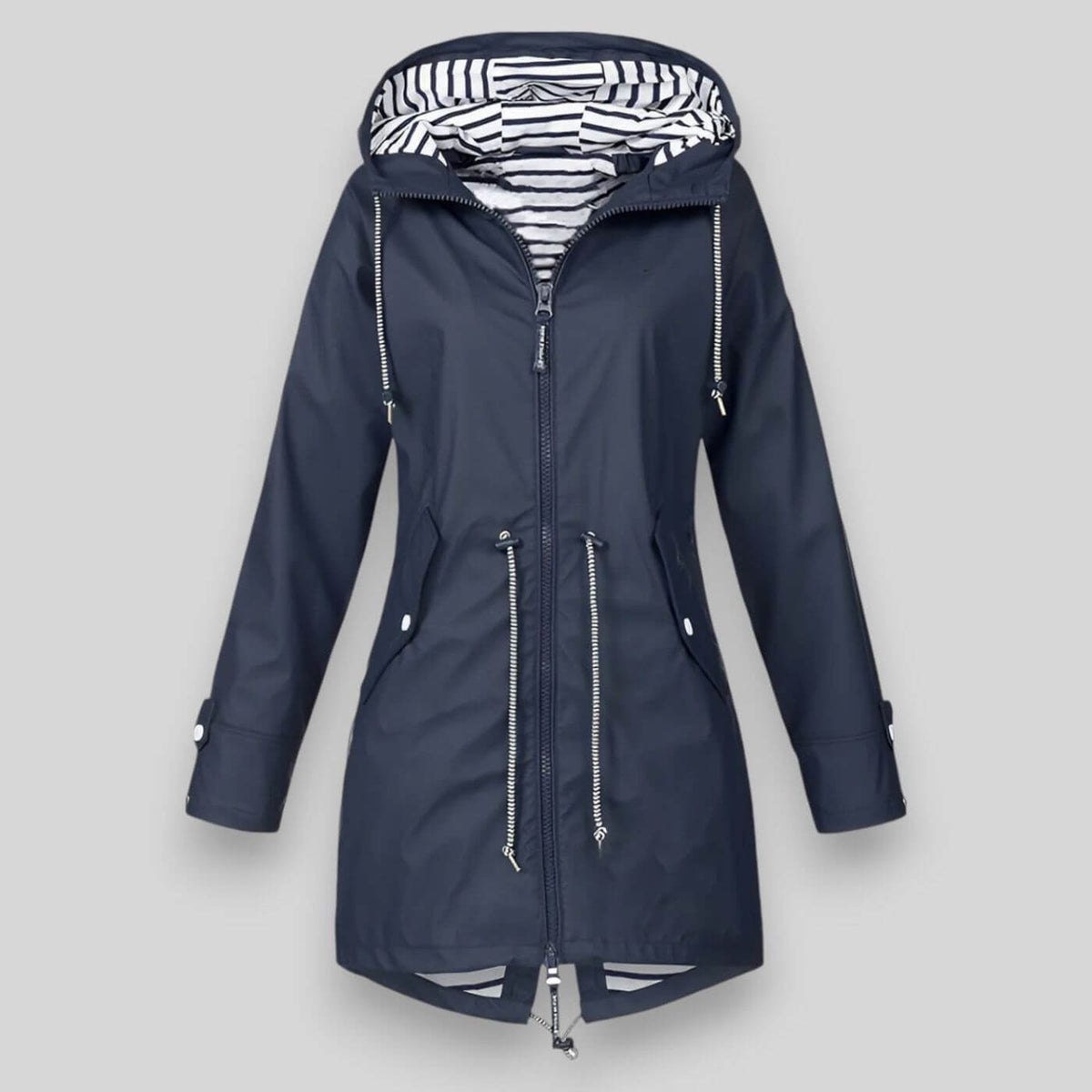 Women's hooded longline jacket with striped lining, zipped pockets and full front zip