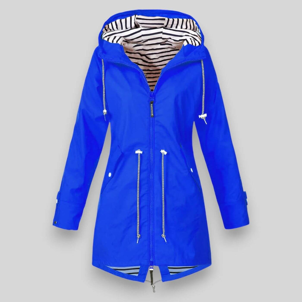 Women's hooded longline jacket with striped lining, zipped pockets and full front zip