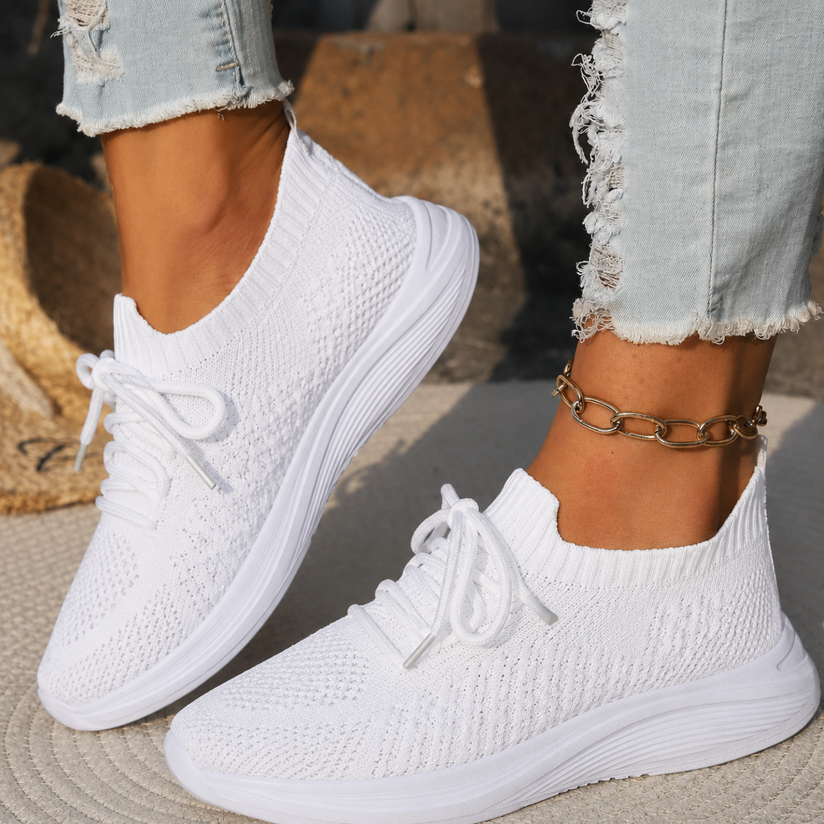 Women's textured knit lace-up slip-on sneakers with layered soles