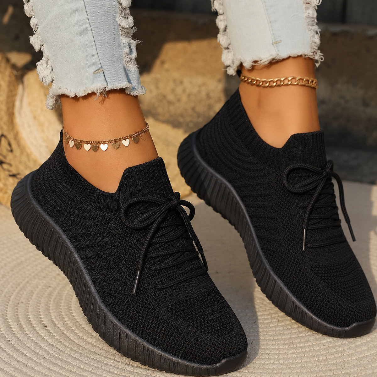 Women's textured knit lace-up slip-on sneakers with layered soles