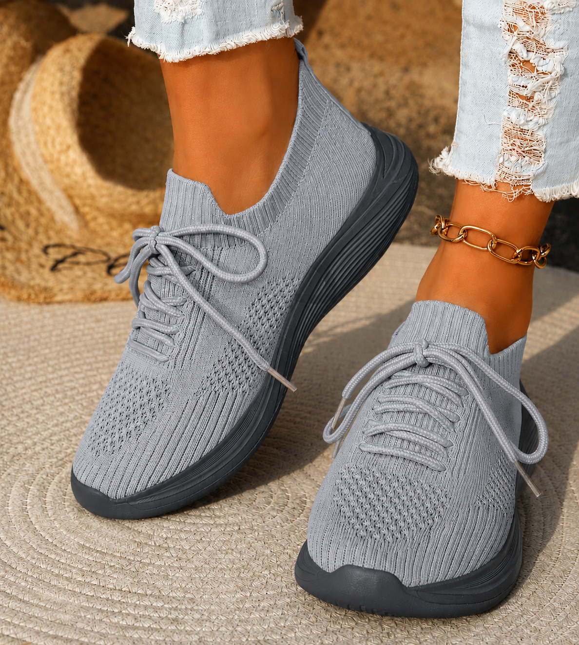 Women's textured knit lace-up slip-on sneakers with layered soles