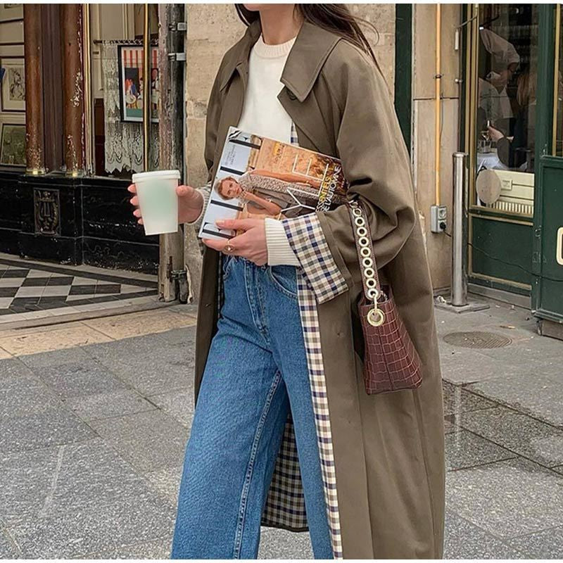 Women's khaki longline trench coat with wide collar and checked cuff trim