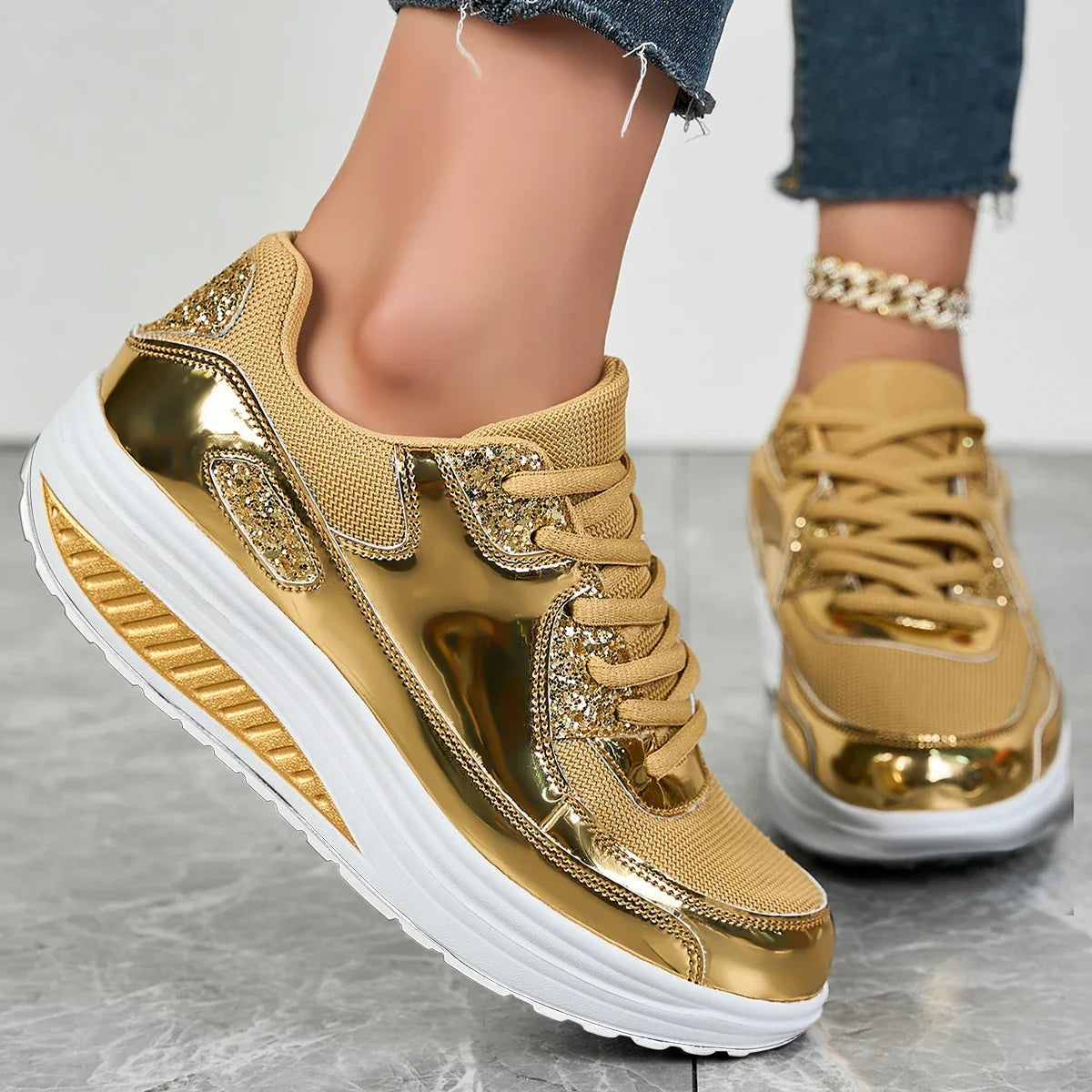 Women's metallic glitter lace-up platform sneakers with raised sole