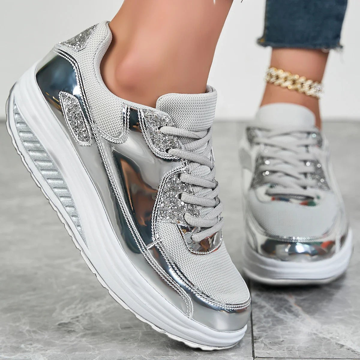 Women's metallic glitter lace-up platform sneakers with raised sole