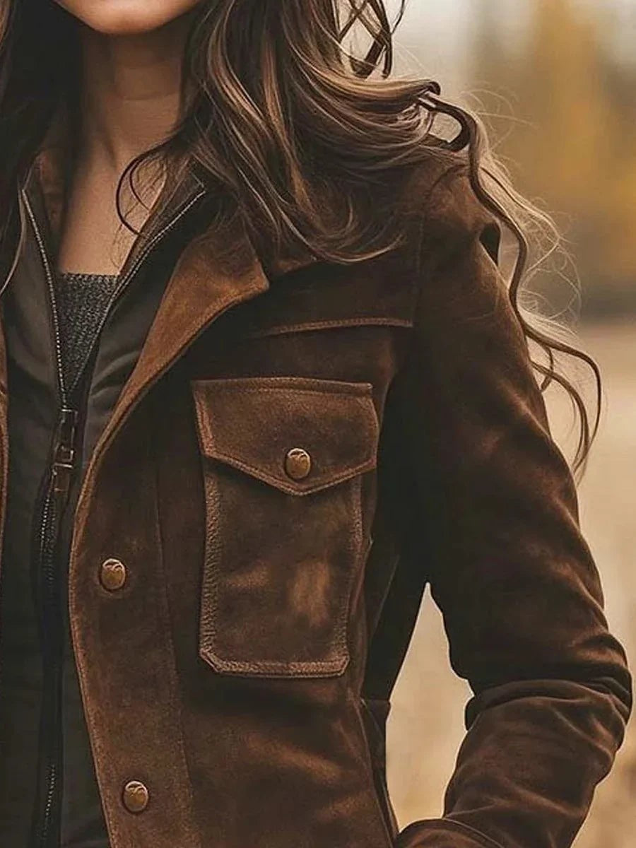 Women's brown longline utility coat with notch lapels and flap pockets