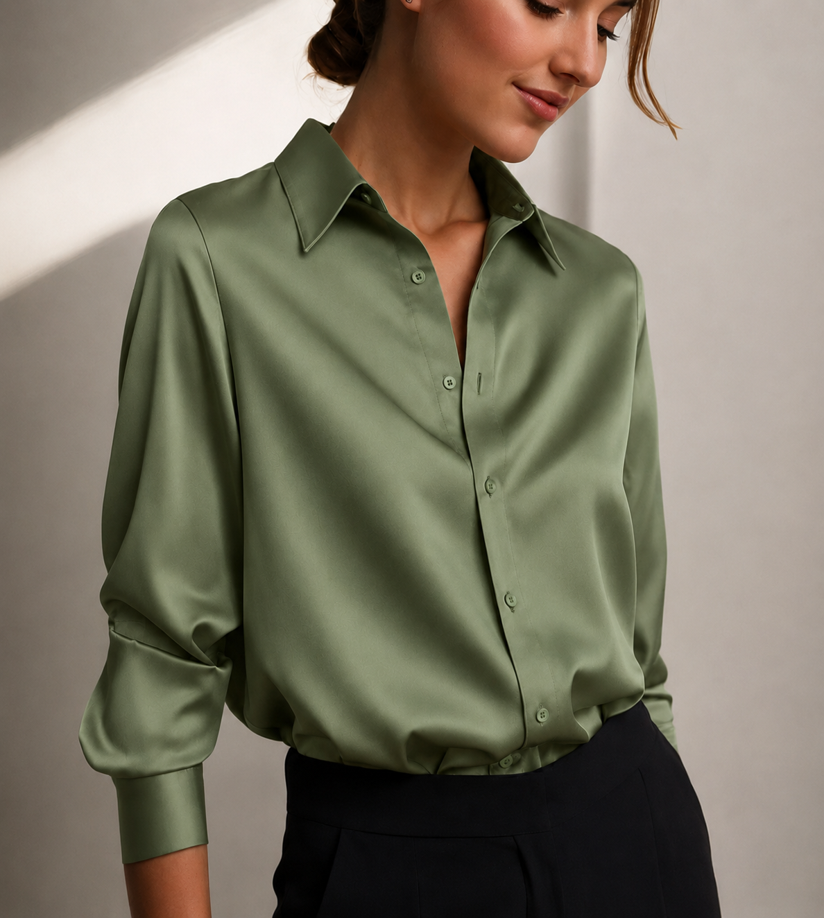 Women's plain long-sleeve button-down blouse with pointed collar and relaxed fit