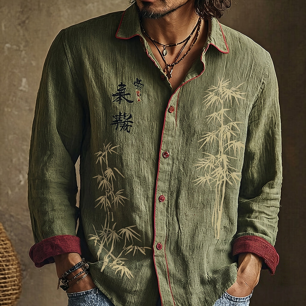 Men's long-sleeved shirt with bamboo artwork, calligraphy and contrast trim
