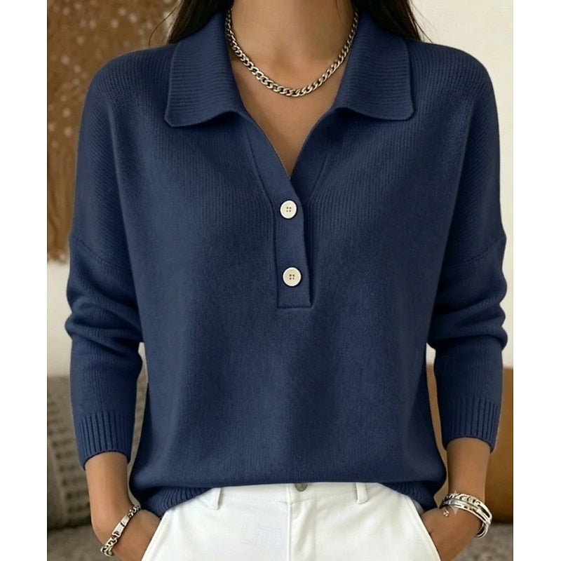Women's collared button pullover sweater with long sleeves and ribbed trims
