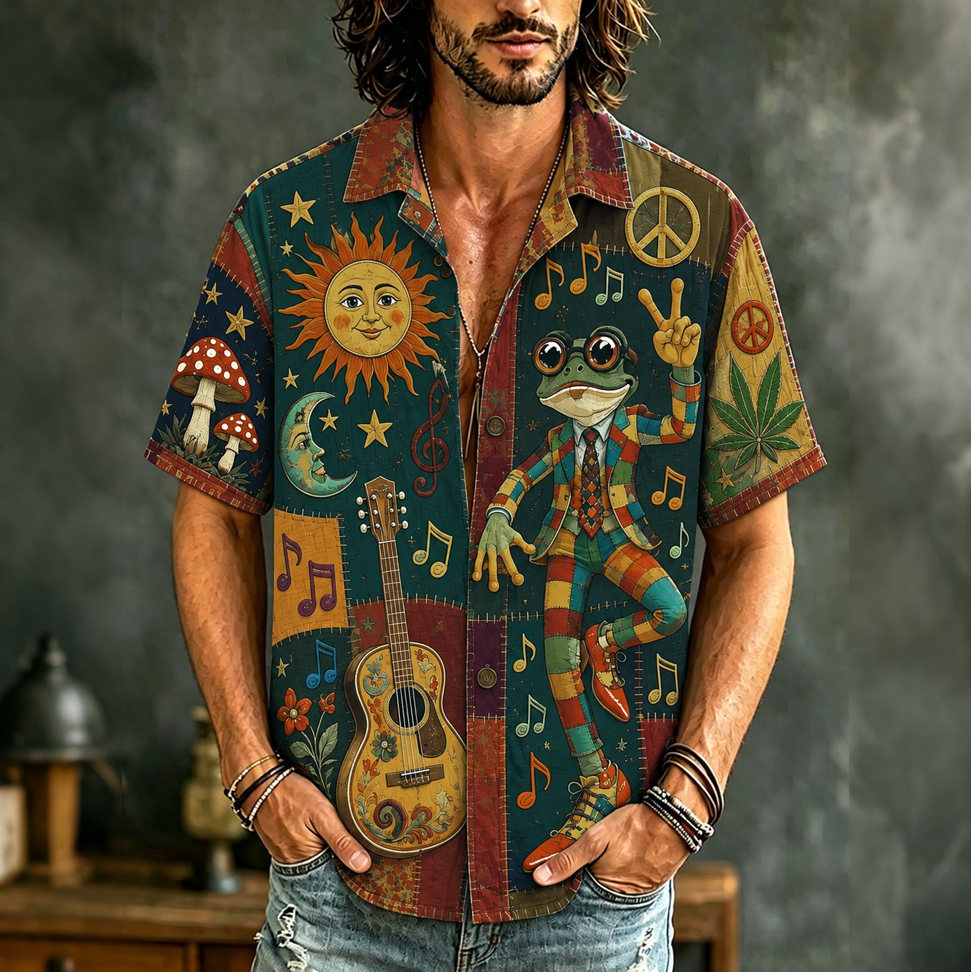 Men's short-sleeve patchwork shirt with frog, guitar, sun, moon and music illustrations