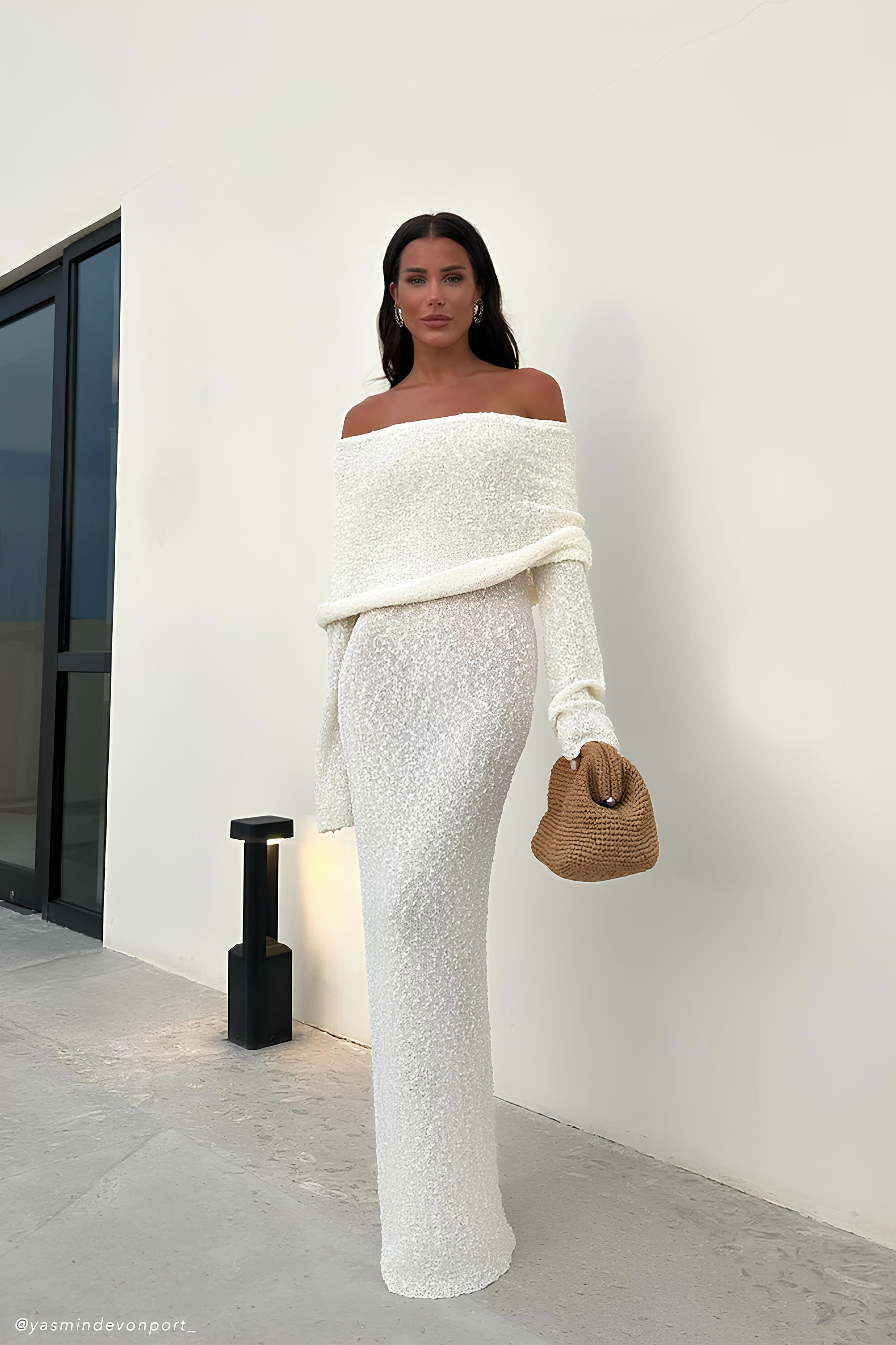 Women’s Elegant Ribbed Maxi Dress | Cream Off-Shoulder Gown