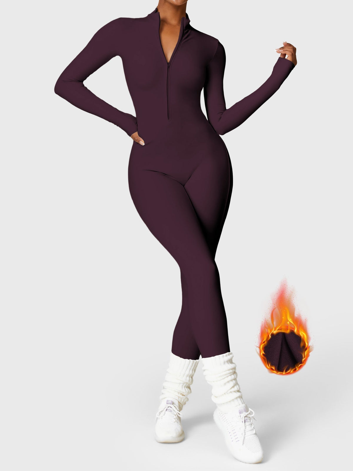 Women's fitted long-sleeve jumpsuit with mock neck, front zip and full-length legs