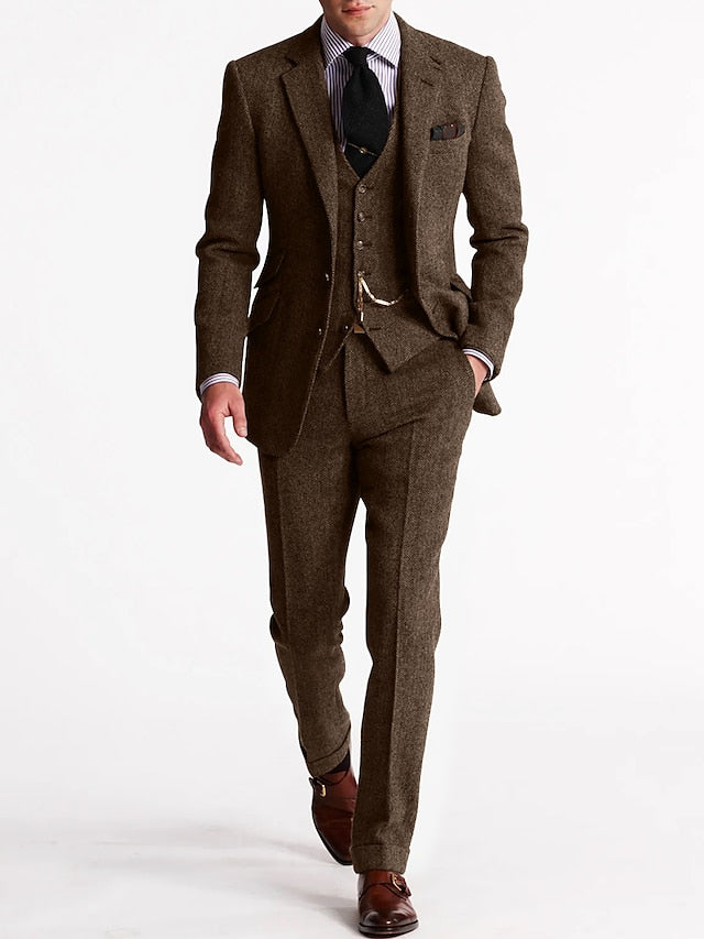 Men's slim fit herringbone three-piece suit with tailored jacket, waistcoat and trousers