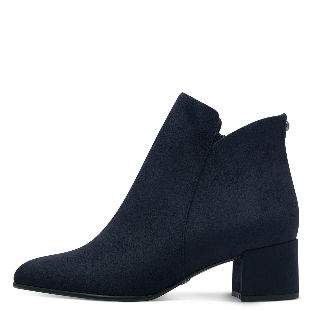 Women's navy ankle boot with pointed toe and mid block heel