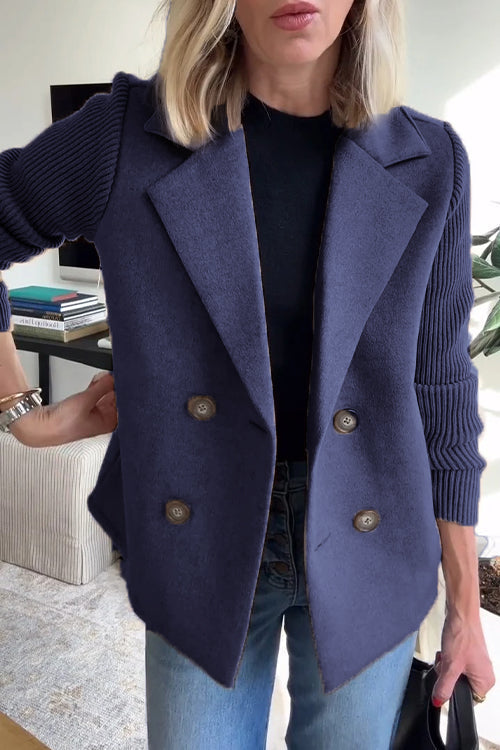 Women's double-breasted blazer with ribbed knit sleeves and notched lapels