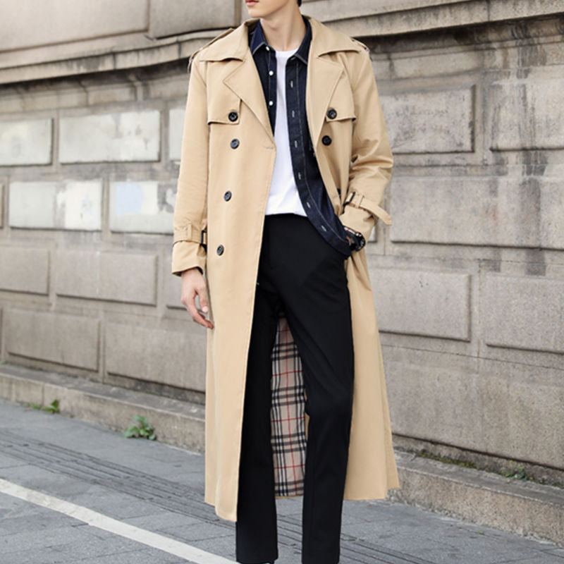 Men's long double-breasted trench coat with belt, flap pockets and checked interior panel