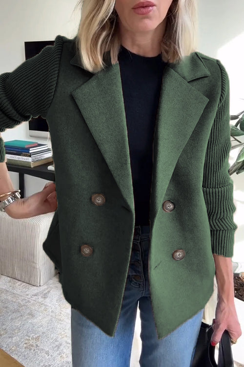 Women's double-breasted blazer with ribbed knit sleeves and notched lapels
