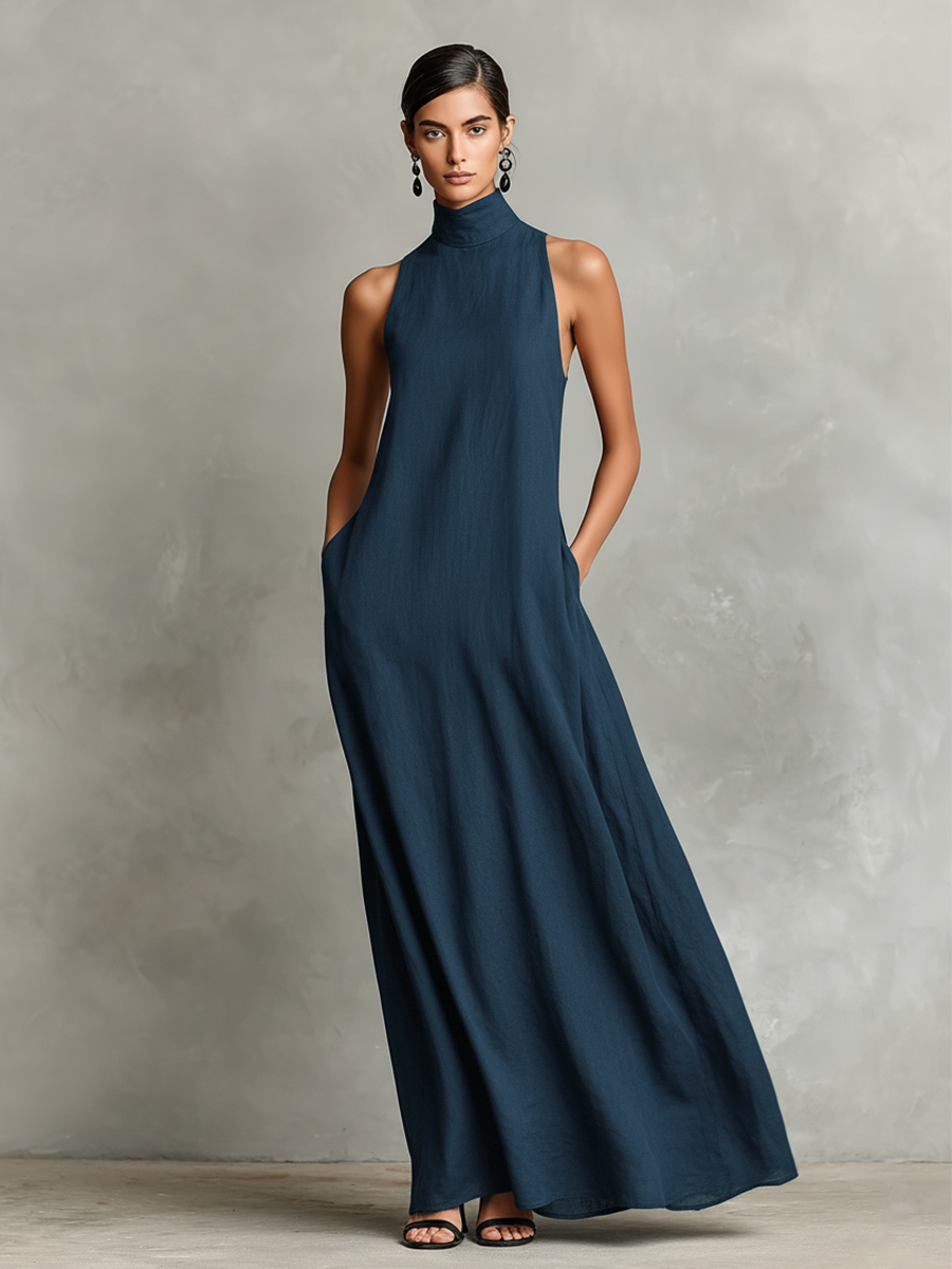 Women's sleeveless high-neck maxi dress with side pockets