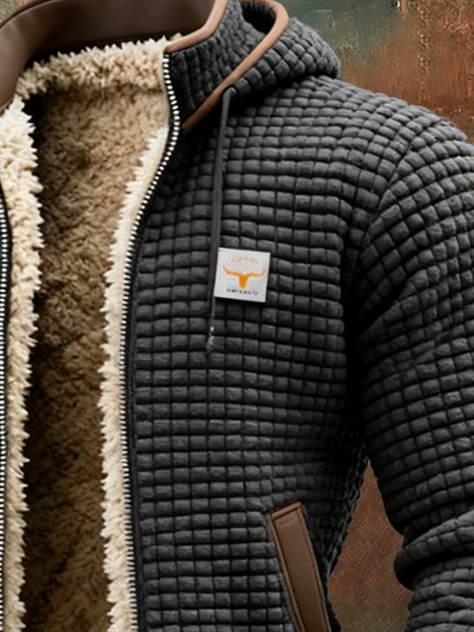 Men's quilted hooded jacket with sherpa lining and zip fastening