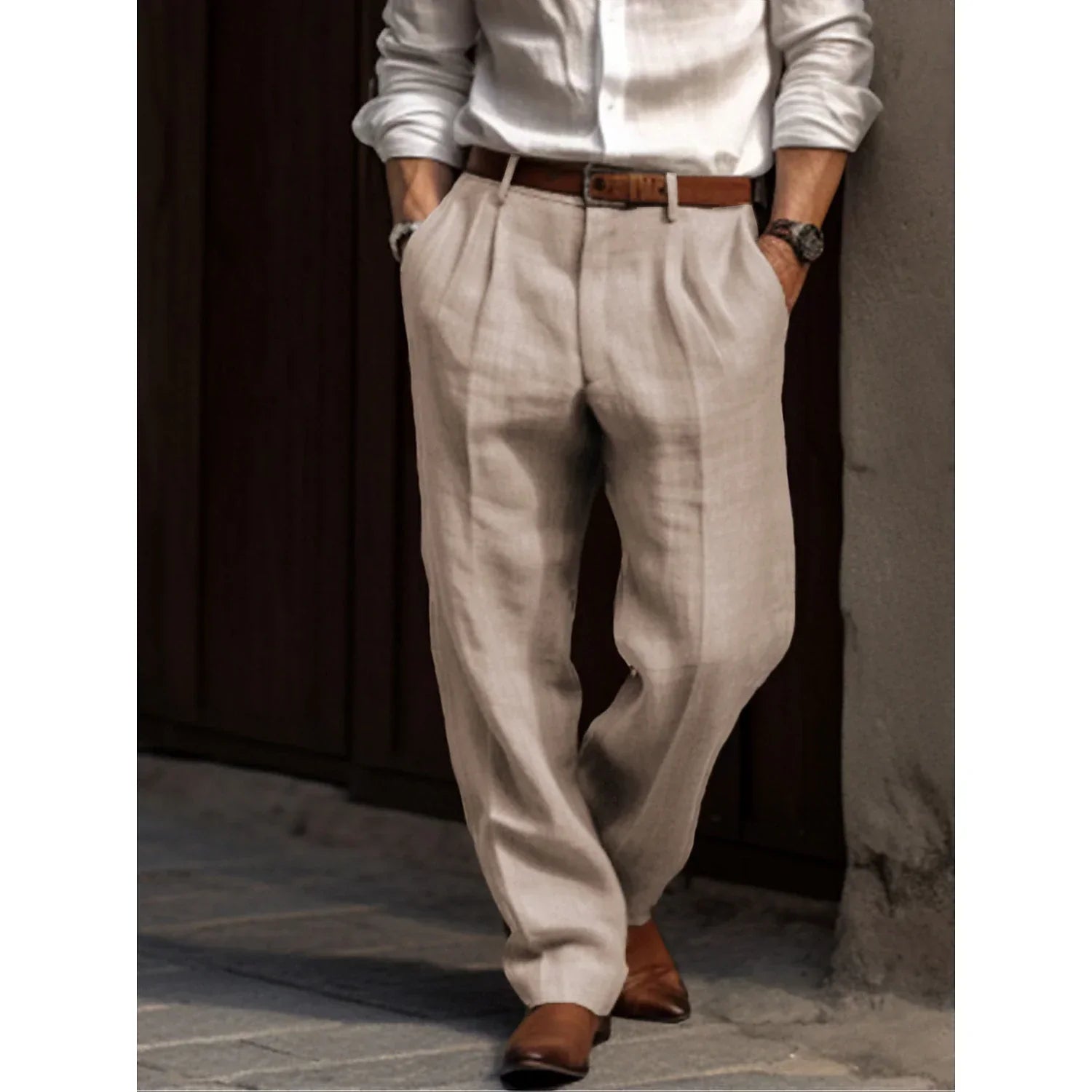 Men's Linen Trousers Relaxed Fit Pleated Waist - Beige