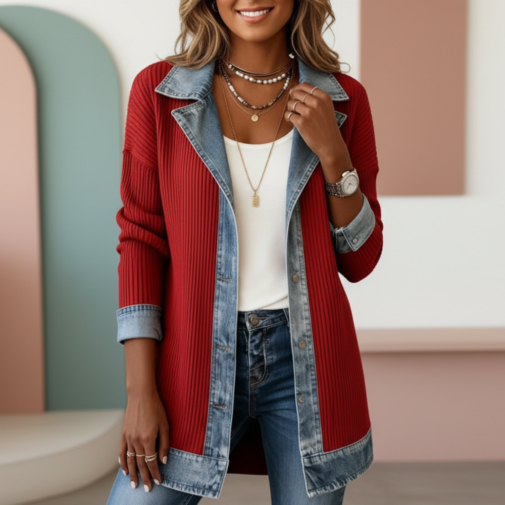 Women's longline patchwork cardigan with denim trim, lapel collar and button front