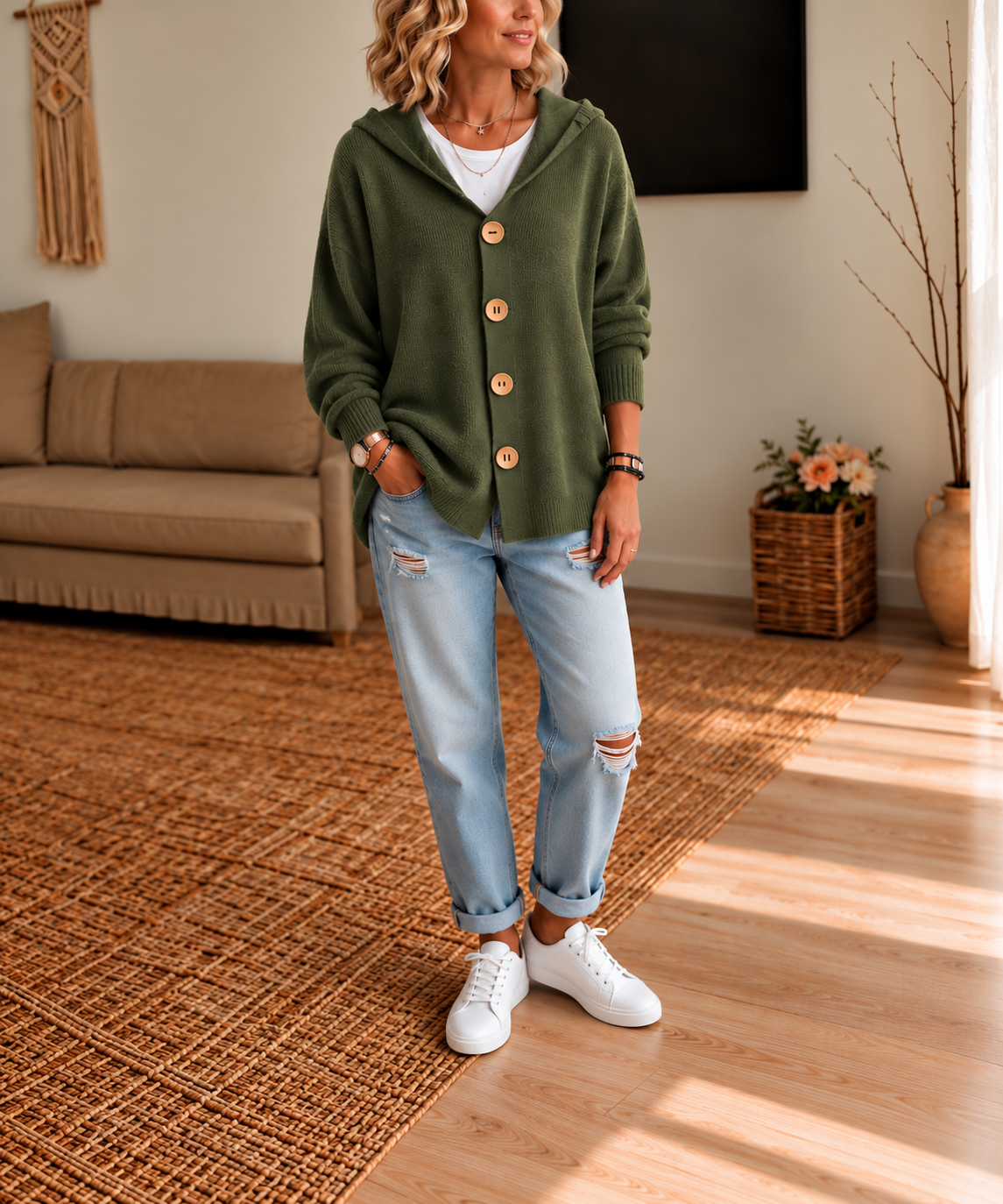 Women's hooded waffle-knit cardigan with button front and ribbed cuffs