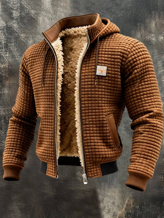 Men's quilted hooded jacket with sherpa lining and zip fastening