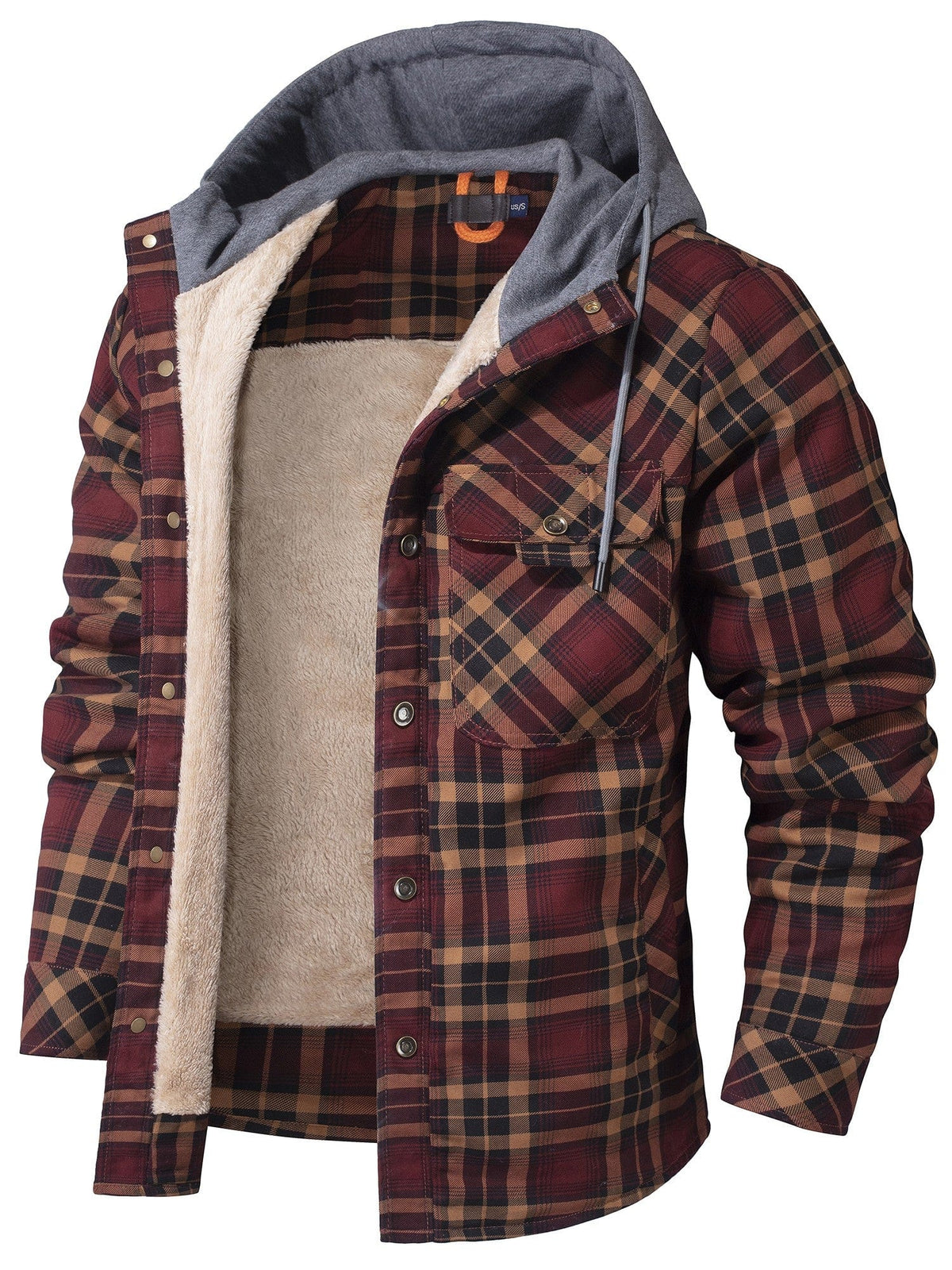 Men's checked hooded jacket with button front, chest pockets and contrasting lining