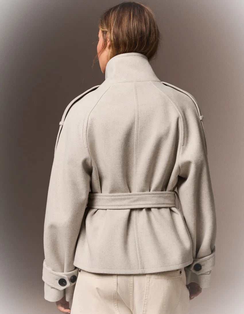 Women's belted double-breasted trench coat with long sleeves and high collar
