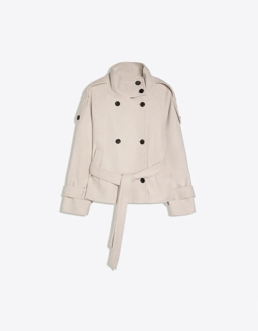 Women's belted double-breasted trench coat with long sleeves and high collar