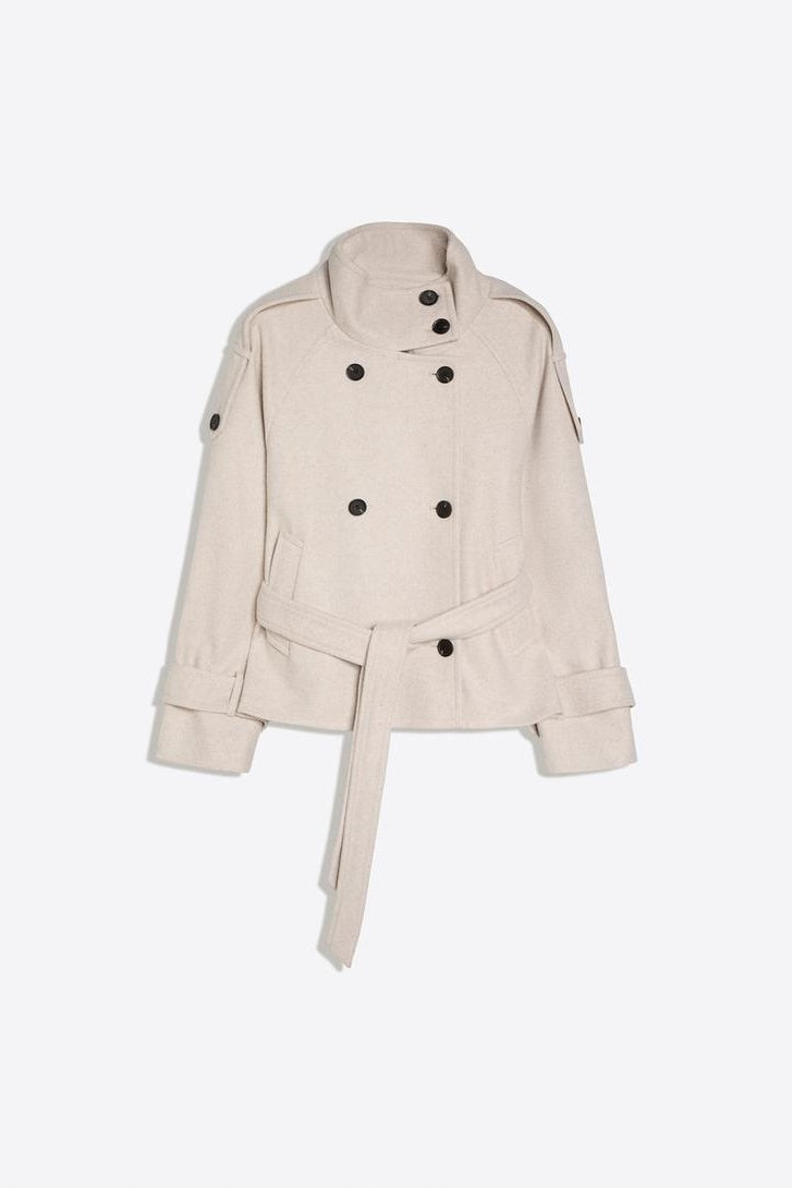 Women's belted trench jacket with high collar and double-breasted front