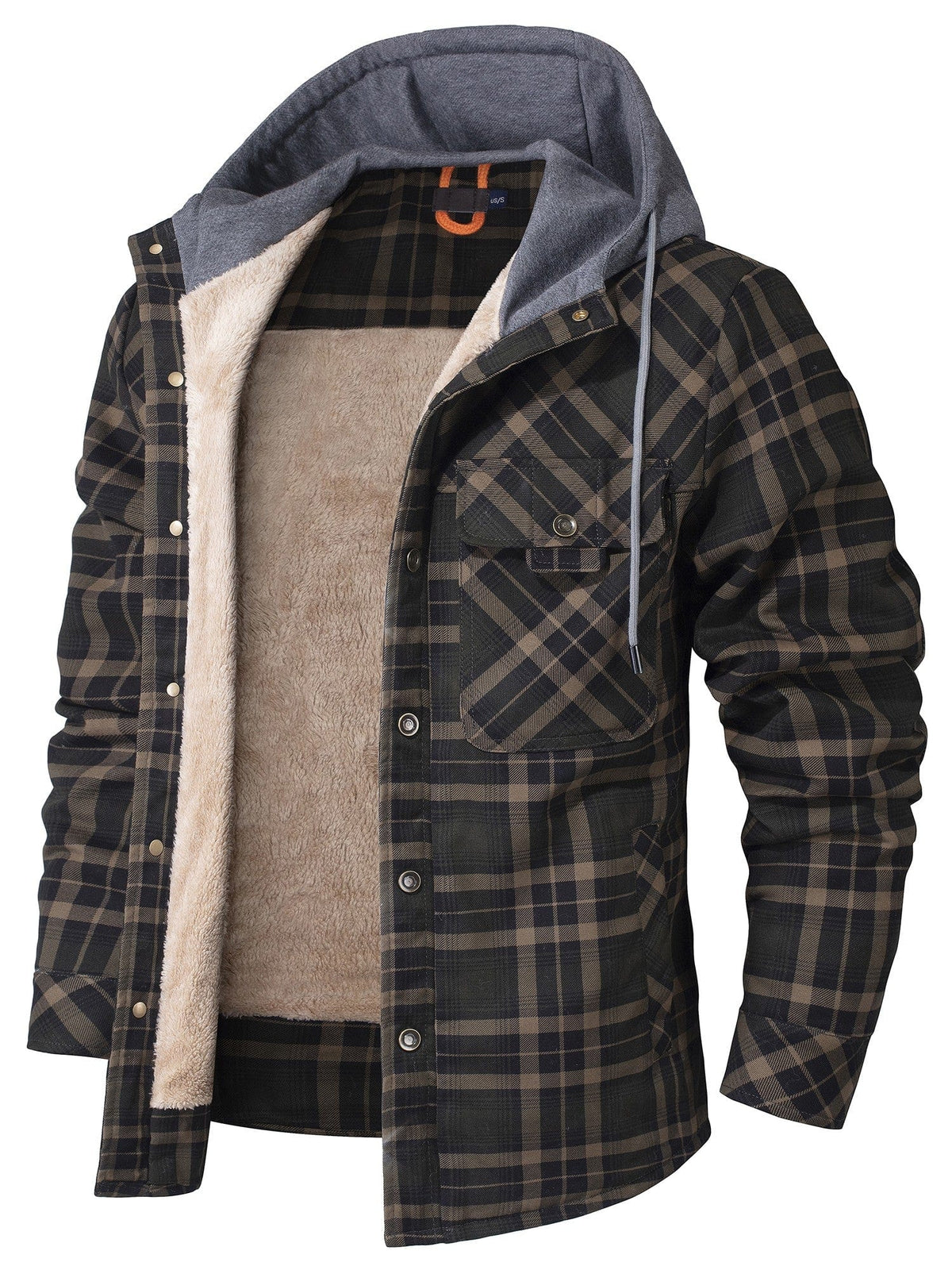 Men's checked hooded jacket with button front, chest pockets and contrasting lining