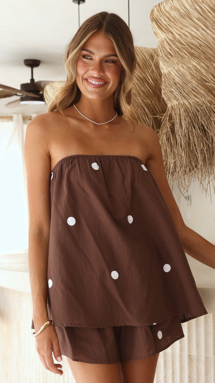 Women's Strapless Lounge Set Brown Polka Dot Elastic Fit