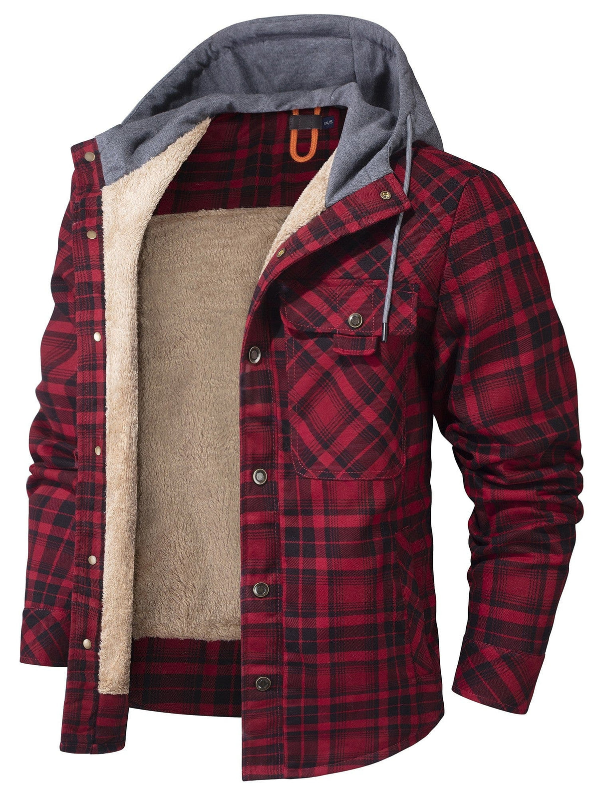 Men's checked hooded jacket with button front, chest pockets and contrasting lining