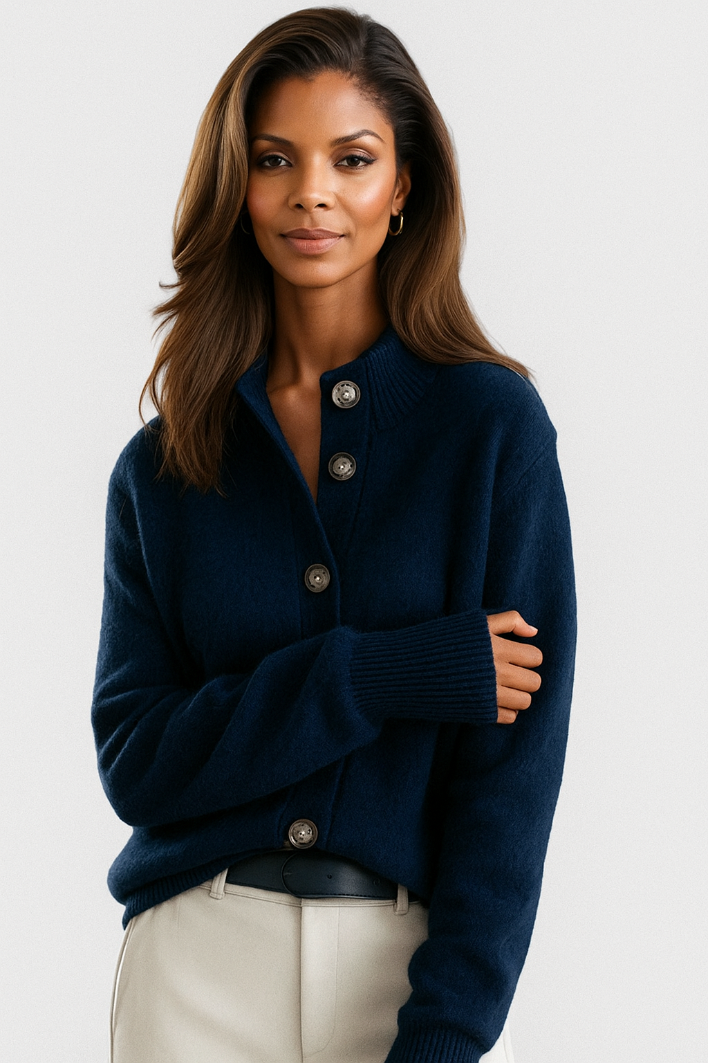 Women's long-sleeve button cardigan with ribbed trims