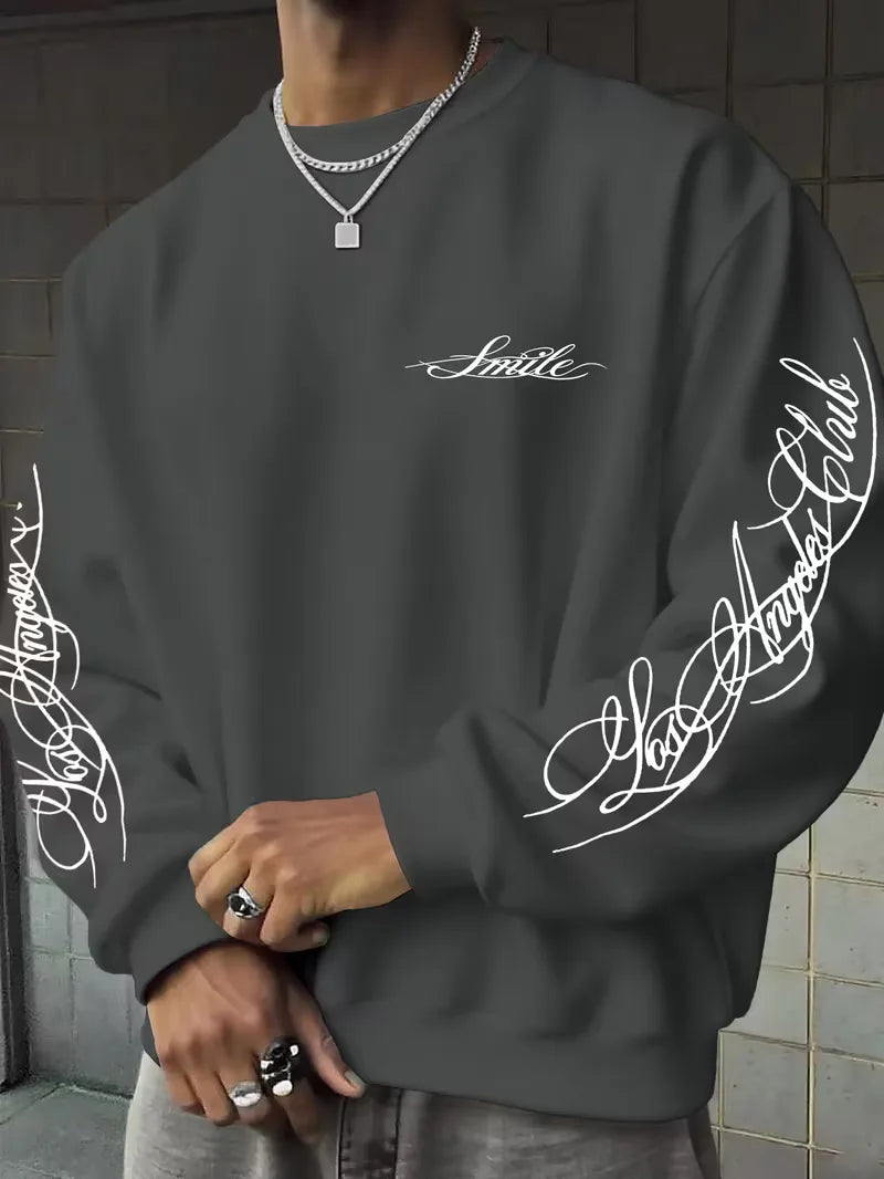 Men's crew-neck sweatshirt with white script graphics on the chest and sleeves