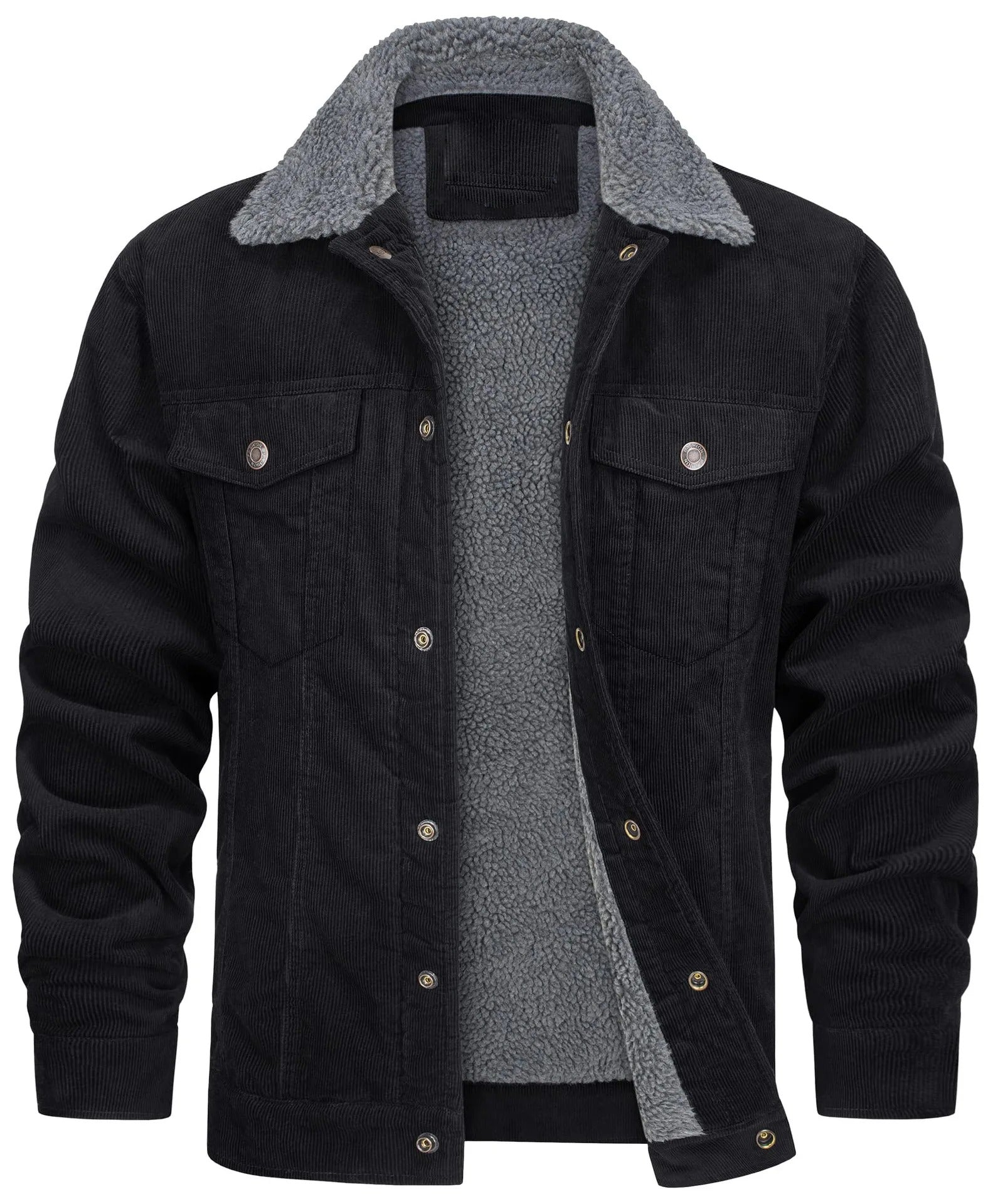 Men's Corduroy Jacket Sherpa-Lined Spread Collar - Black