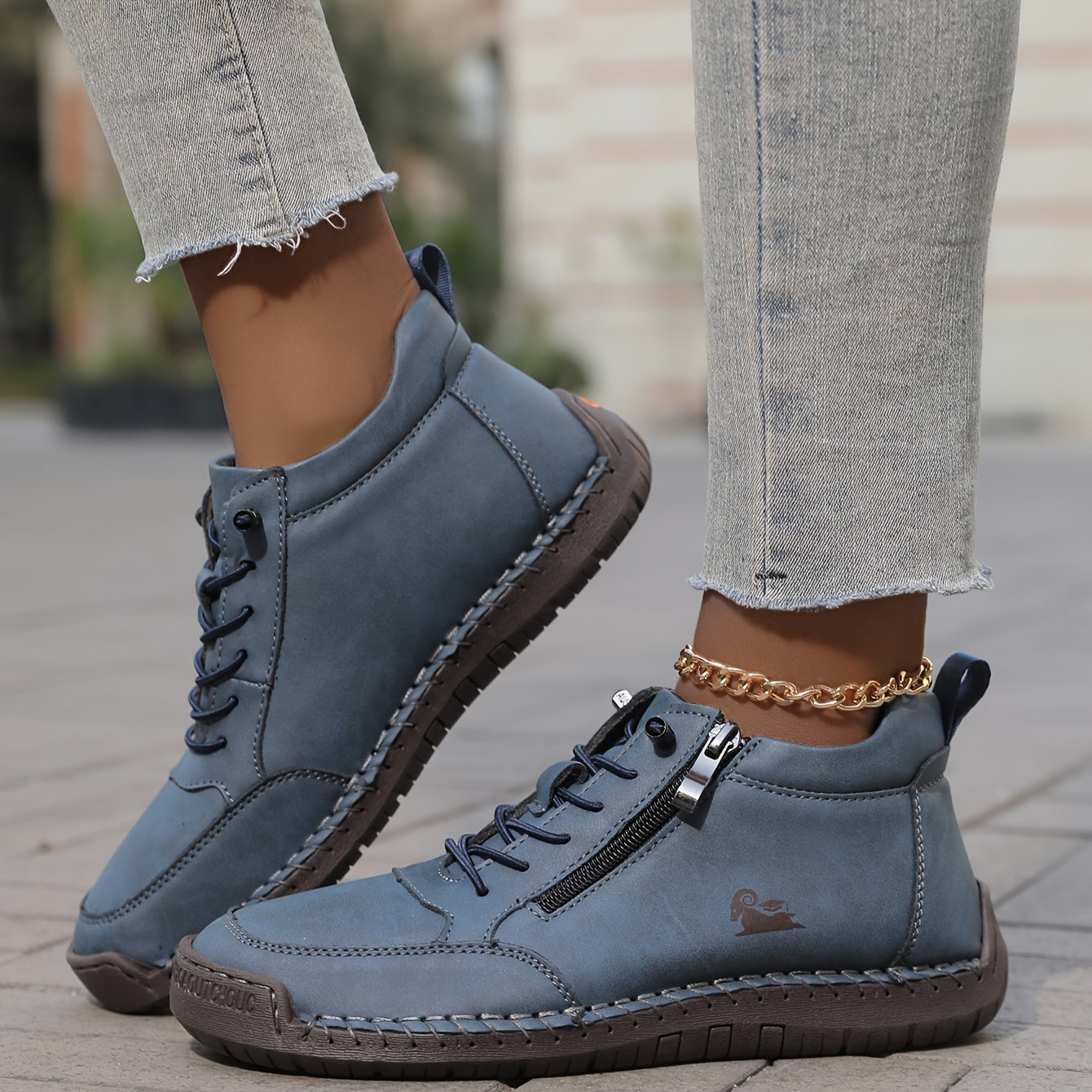 Women's Ankle Boot Lace-Up Side Zip - Blue