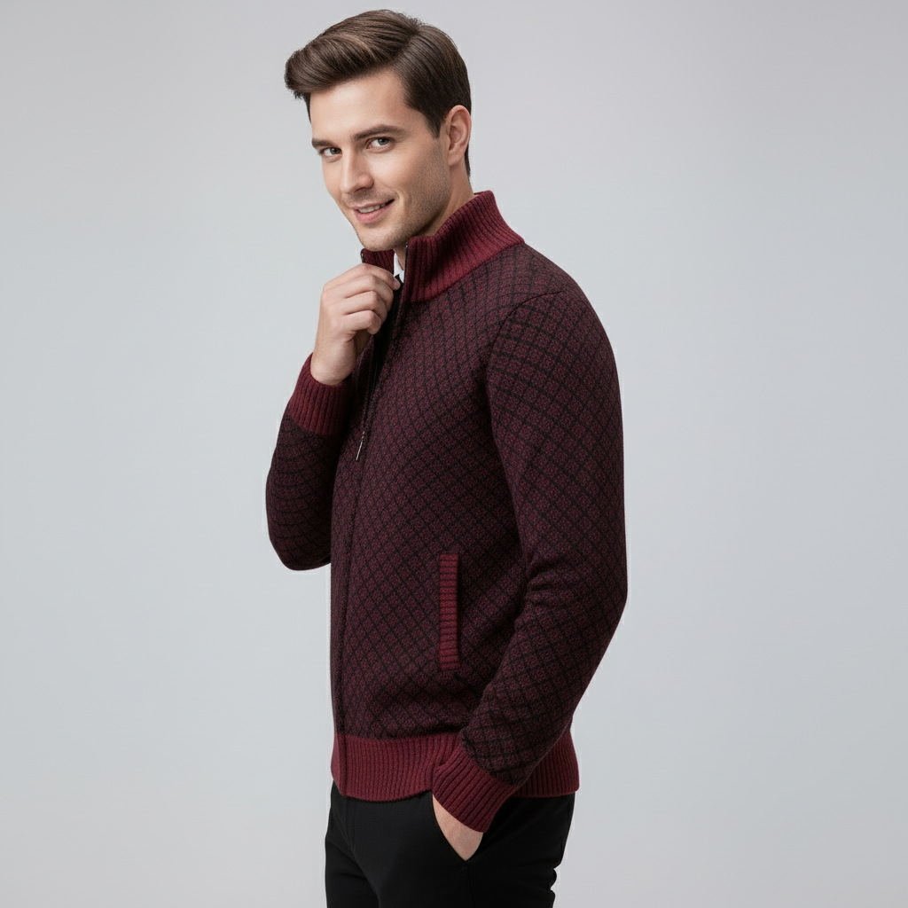 Men's geometric diamond pattern cardigan with mock neck and front zip