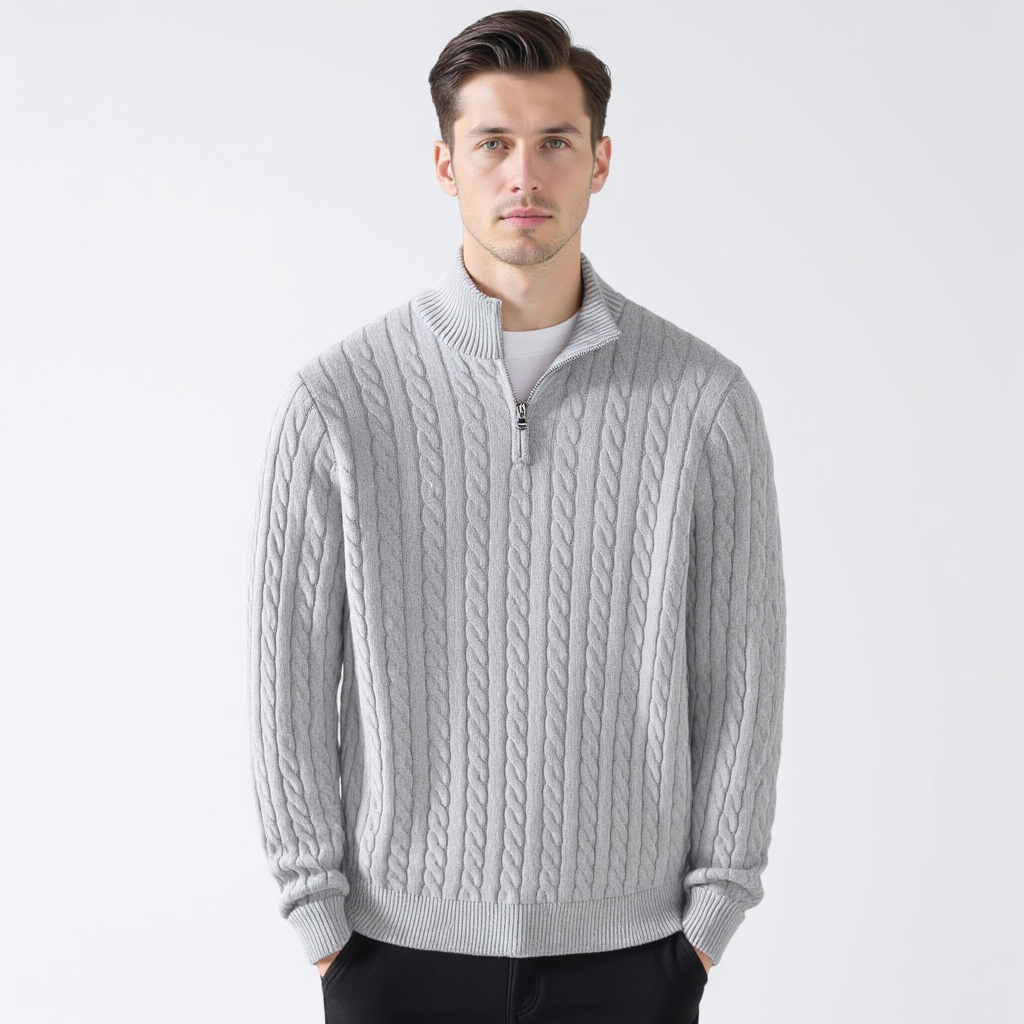 Men's cable knit quarter-zip sweaters in five colours