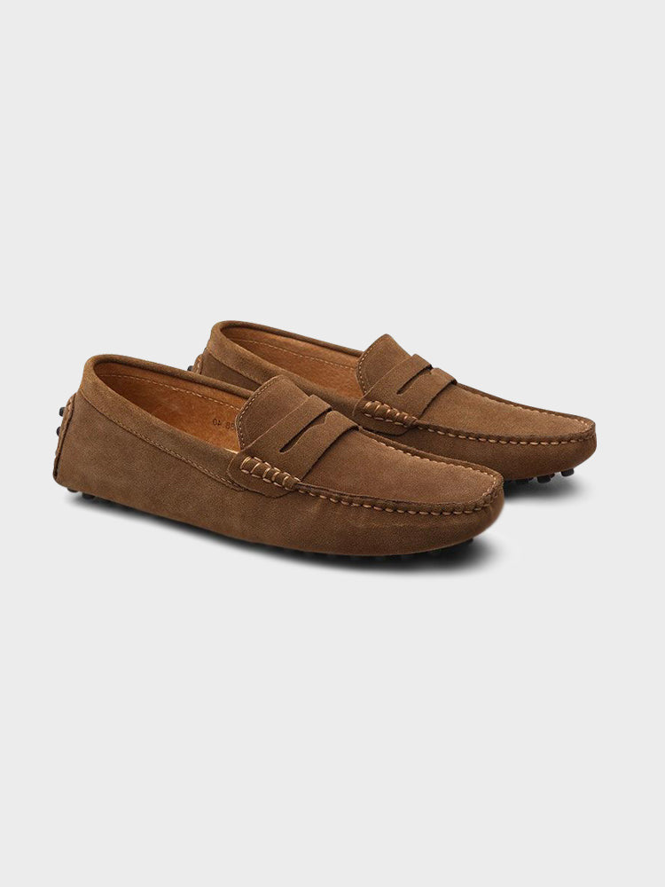 Men's suede boat loafers with moc toe and vamp strap