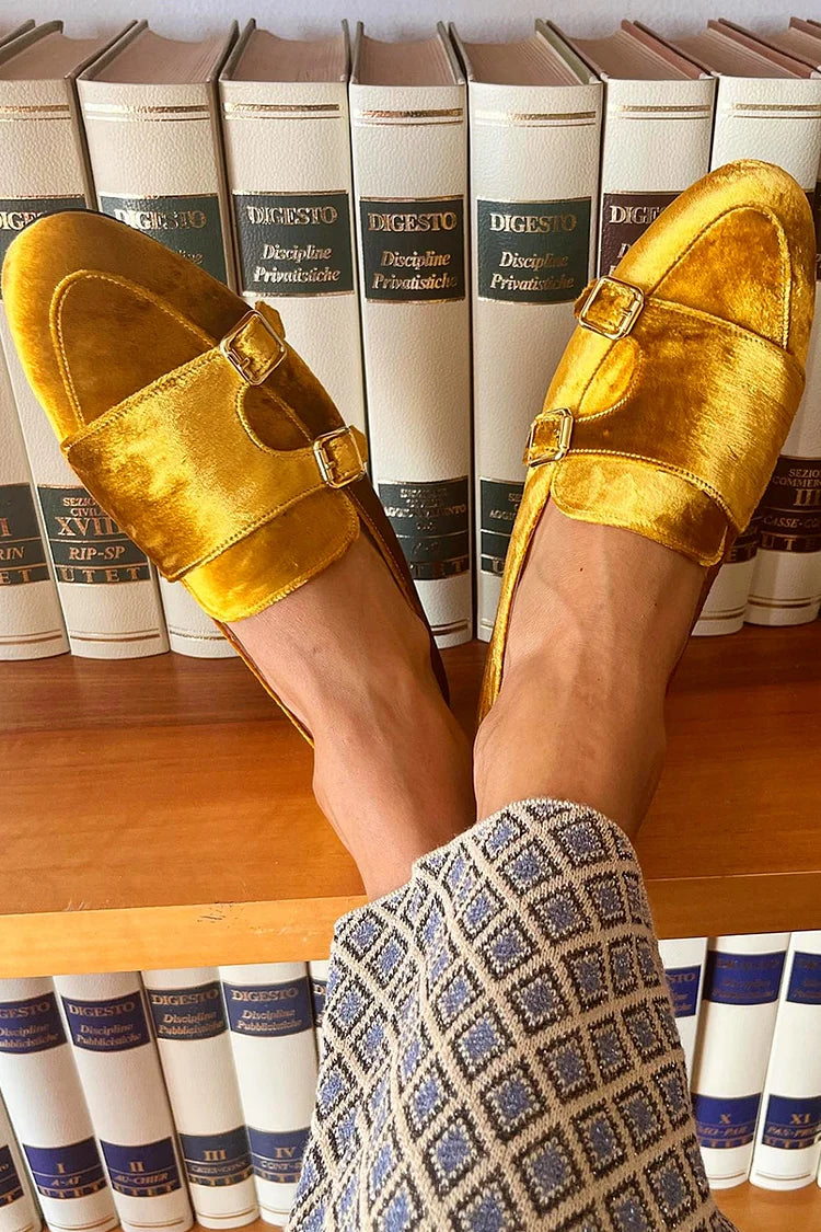 Women's yellow slip-on loafers with two buckle straps and open backs