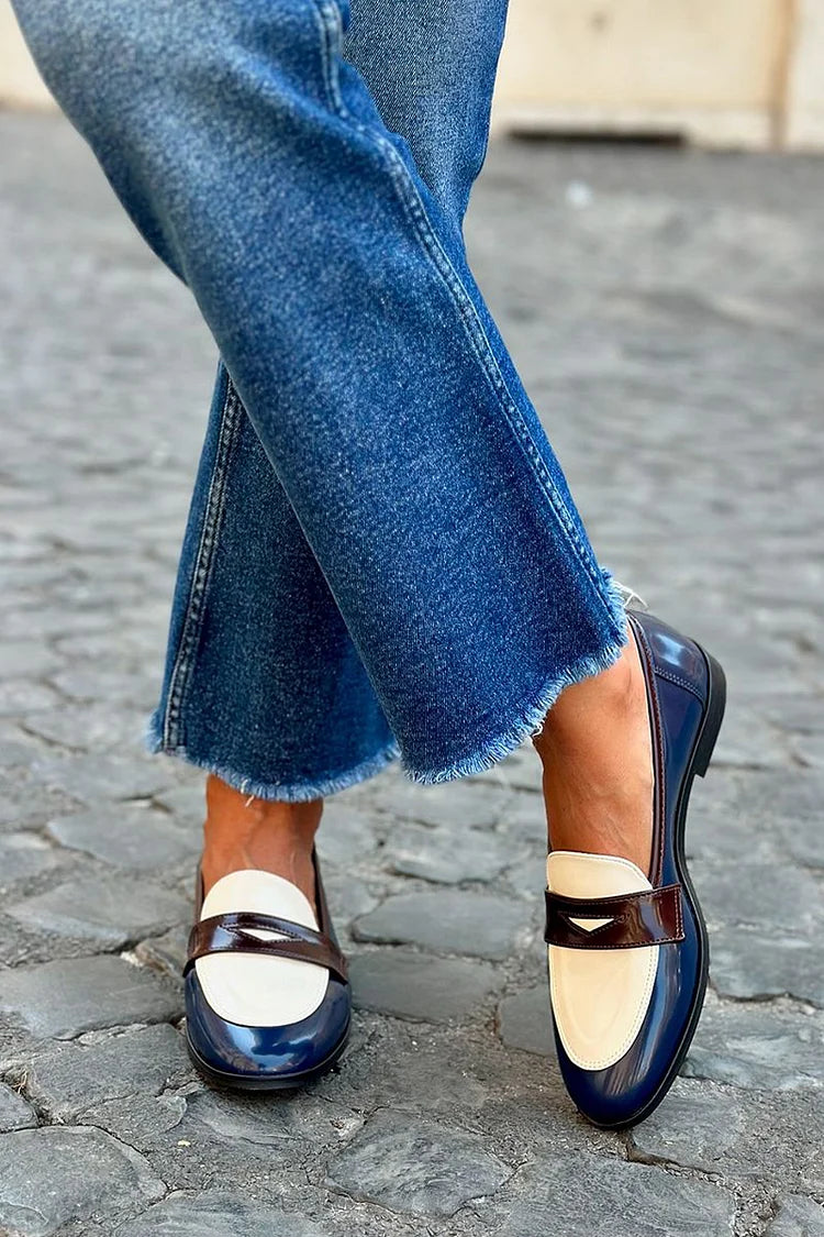 Women's patchwork colourblock round-toe loafers with low heels
