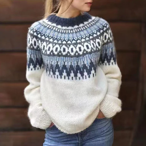 Women's knitted jumper with Nordic geometric pattern, crew neck and long sleeves
