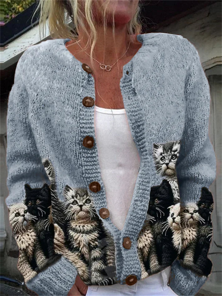 Women's button cardigan with illustrated cat print panels and long sleeves