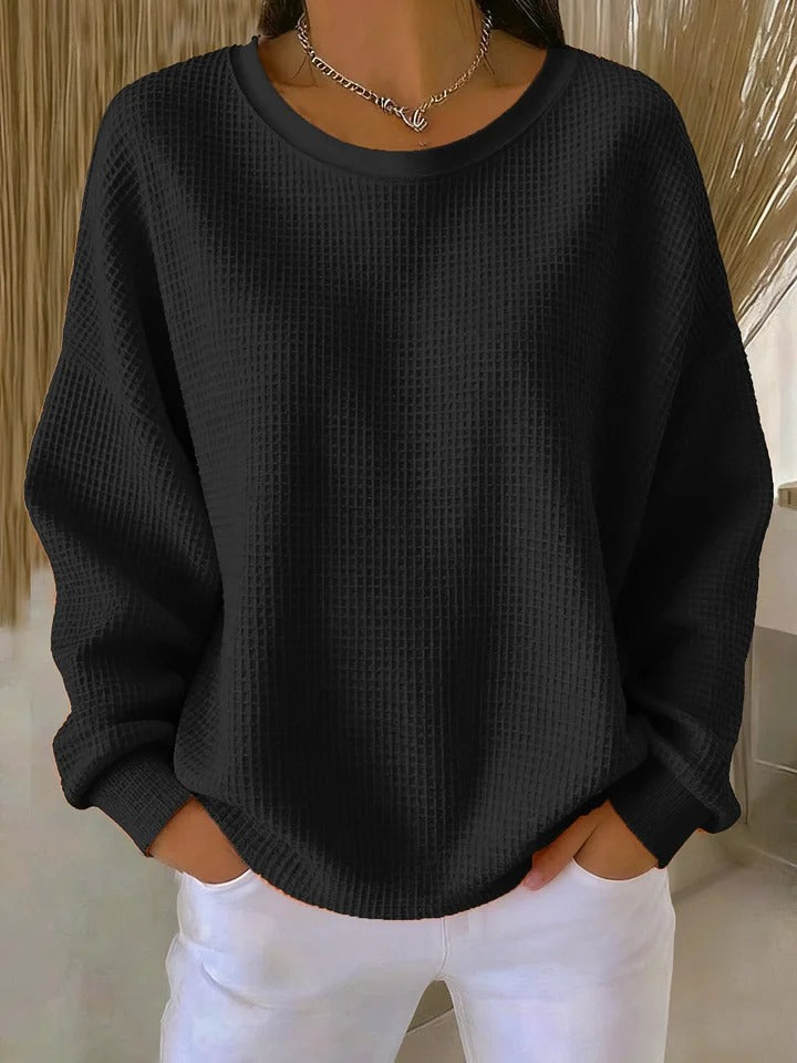 Women's long-sleeve waffle-knit crew-neck jumper with ribbed trims