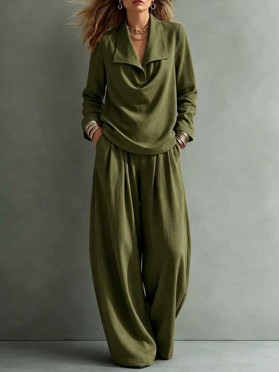 Women's lapel two-piece outfit with long-sleeve top and wide-leg trousers